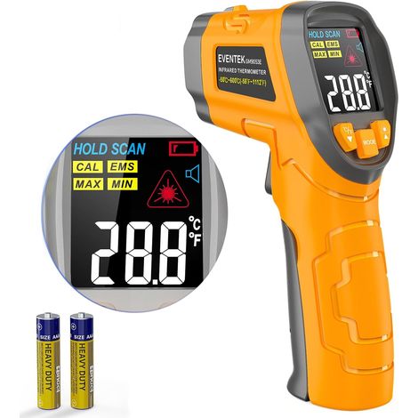 Thermometre Cuisine, -50°C600°C(-58°F1112°F) Thermometre Laser, Affichage à cristaux liquides, Sans Contact avec Emissivité Réglable, thermometre Infrarouge pour Cuisine, four a pizza, Jaune (1/5)