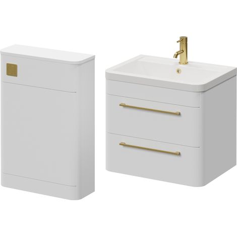 Oslo Gloss White 1150mm Wall Mounted Vanity Unit Toilet Suite with Leni Basin - 1150mm - Brushed Brass 320mm HandleWithout Jubilee Toilet Pan