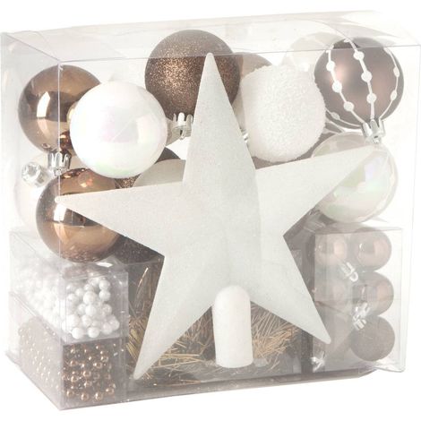 Déco de Sapin de Noël Kit 44 pièces, Boule, Guirlande et Cimier - Blanc et Café - Feeric Christmas (1/6)