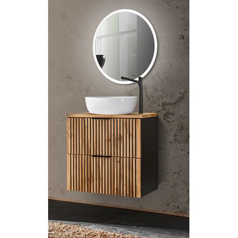 Waschplatz Set mit Waschtisch Unterschrank 60 cm, LED Spiegel rund XANTEN-56 in anthrazit mit Eiche Nb. schwarz gerillt, B/H/T: 60,6/200/46,5 cm (1/5)