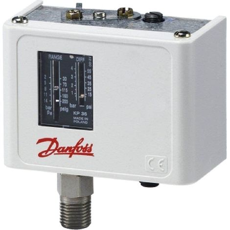 Pressostat mécanique raccord mâle gaz connexion par bornier contact en acier doré IP30 série KP36 - Danfoss