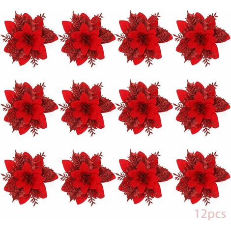 DEESSE SHOP - Fls de Noël, 12 Fls de Noël à Paillettes, Fl de Noël à Paillettes Creuses, Poinsettia Arbre de Noël Fls Artificielles Décor Ornement, Décoration,Noël (Red-B) (1/5)