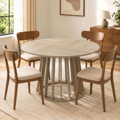 Table à Manger Ronde pour 4 à 6 Personnes, Ø 120 x 75 cm, Table de Cuisine avec Piétement à Lattes Robuste, Bois Naturel (1/5)
