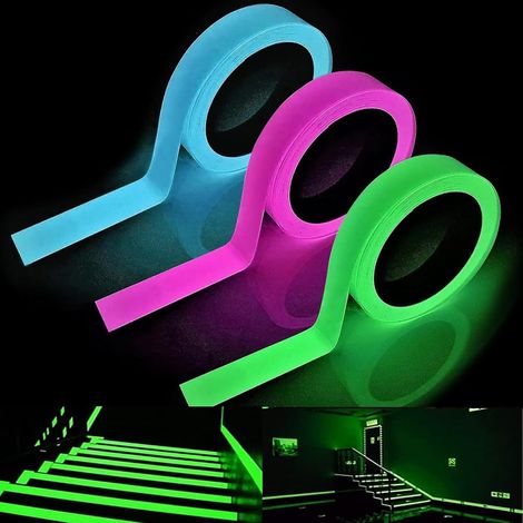 Ruban adhésif phosphorescent, 3 rouleaux, 1 cm x 5 m, ruban adhésif phosphorescent auto-adhésif, imperméable, ruban lumineux, ruban de marquage (vert + bleu + rose). (1/5)