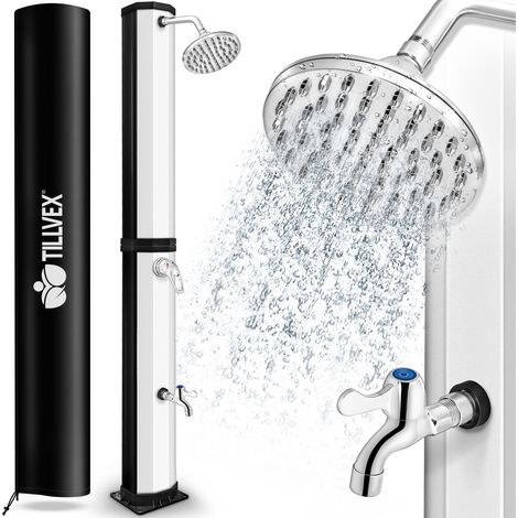 tillvex Douche solaire 20 - 35 litres - Housse de protection incluse, Douche de jardin solaire - Douche de jardin chaude - Sans raccordement électrique - Avec robinet et pommeau de douche de pluie