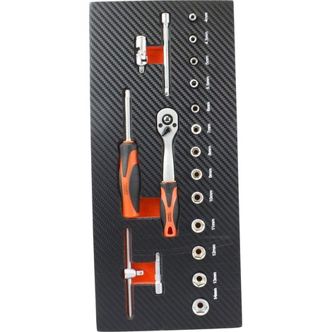 Module de Rangement Comprenant Clé à Cliquet 1/4", Douilles et Accessoires, Noir (1/4)