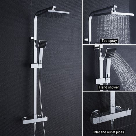Auralum – Columna de ducha termostática regulable 90-124 cm – 20 cm Cabezal cuadrado – Cuerpo de latón – Ducha de mano giratoria 180°