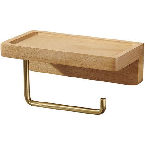 Porte Papier Toilette Double Installation Bois Massif Hêtre Dérouleur Support Papier WC Mural Auto-adhésif Coins Arrondis Porte Rouleau de Papier Décor pour la Salle de Bain Cuisine (Hêtre), (1/3)