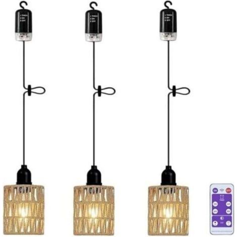 Suspension à piles, abat-jour bohème en rotin, lampe de plafond sans électricité, lampe étanche pour sous-sol, chambre, décoration de Noël, cadeau (1/5)