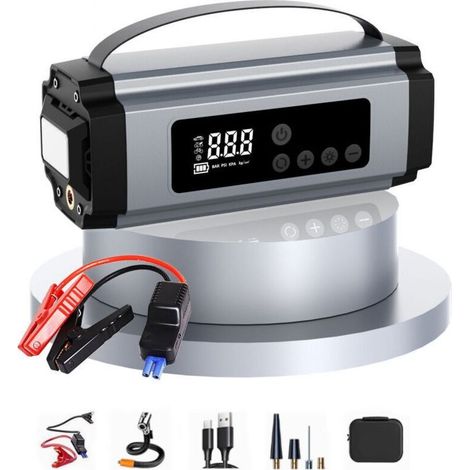 Booster Batterie Voiture avec Gonfleur 150PSI, 6000mA Demarreur Batterie Voiture pour Jusqu’à 8L Gaz ou 5L Diesel, Booster Moto avec Éclairage LED, Chargeur USB-C et Écran LCD (1/4)