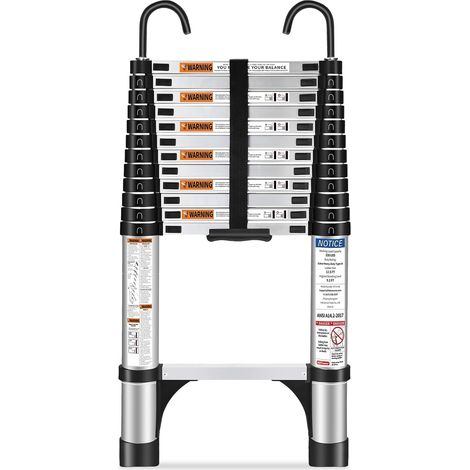 Echelle telescopique 3.8M/12.5FT avec Crochets, Escamotable en Aluminium, Echelle pliante Convient aux Camping-Cars, greniers, extérieurs et intérieurs, Charge Max 150 kg (Argenté) (1/5)
