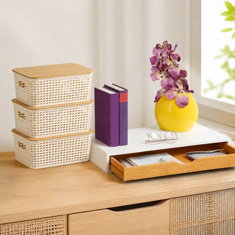 Juego de almacenamiento para el hogar de estilo escandinavo (2 piezas): cajas apilables con tapa de bambú y estante de pared con cajón. (1/5)