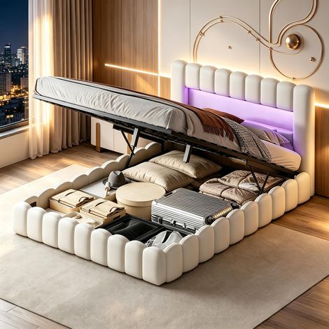 FOERPL-Gepolstertes Bett 140x200cm mit LED et USB/Type-C, Doppelbett 140x200 mit hydraulischem Bettkasten, Polsterbett 140x200 mit Bettkasten und Lattenrost Gepolsterter Bettrahmen