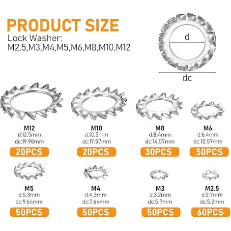 rondelles à dents internes inox M2.5–M12 (1/4)