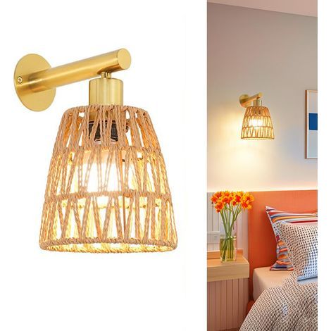 Applique murale sans fil en rotin tressé, style rustique, idéale pour les chambres et les salons, couleur or, ampoule non incluse, culot E27 (1/4)