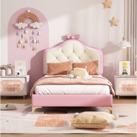 Cama individual tapizada PU rosa y blanca 90x200 cm con LED y somier de láminas (1/5)