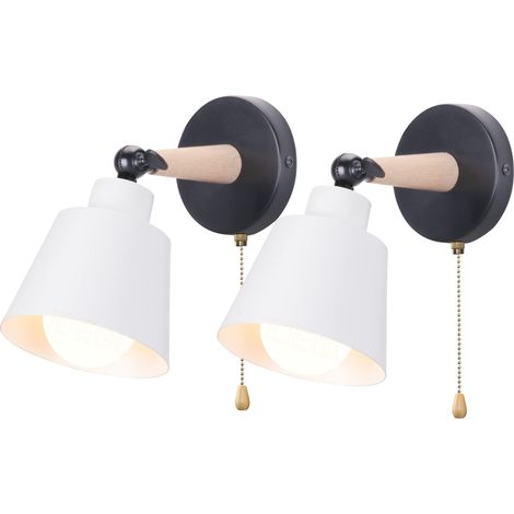 Lot de 2 Applique Murale Rétro Vintage E27 Luminaire Plafonnier Industriel en Bois Métal Réglable Lampe Murale Interieur avec Interrupteur Applique Moderne pour Chambre Entrée Salon(Blanc Mat) (1/5)