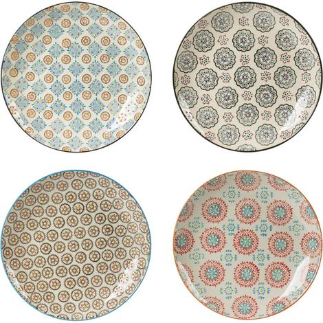 Coffret de 4 assiettes plates en grès Bohème 26 cm – Finition brillante – Motifs floraux peints à la main – Compatible lave-vaisselle et micro-ondes – Table Passion