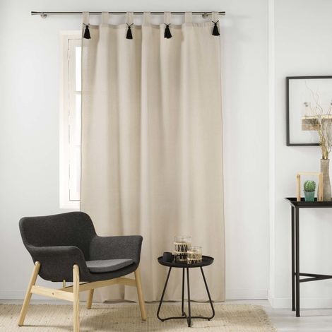 Rideau tamisant 140 x 240 cm en polycoton + pompons Cyrine beige (1/4)
