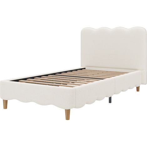 Cama infantil 90 x 200 cm en bouclé blanco con somier, cabecero y patas de madera (1/5)