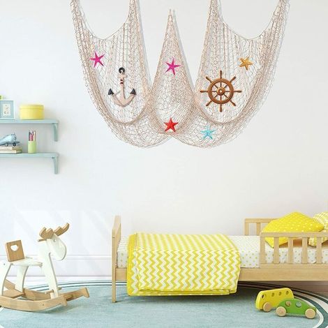 Filet de pêche décoratif Beige Filet de Poisson Nautique Filet de Coton Accessoires pour la Maison Style méditerranéen tenture Murale décor pour Plage Pirate sirène fête Salon Salle de Bain 2x1.5m,