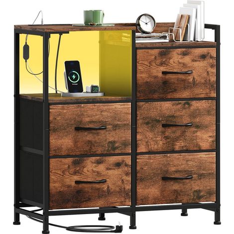Kommode mit 5 Stoffschubladen, LED, Steckdosenleiste & USB-C, Holzoptik (1/5)