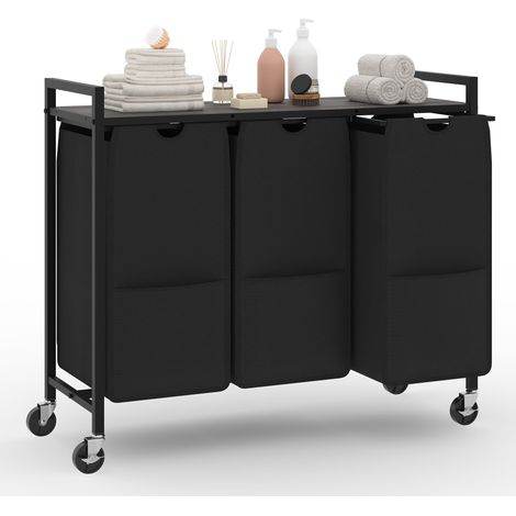 Trieur à linge sur roulettes 3 compartiments, cadre métal, étagère bonjourérieure (100 lb), sacs tissu amovibles/coulissants 3 x 48 L, rangement linge sale gain de place, Gris