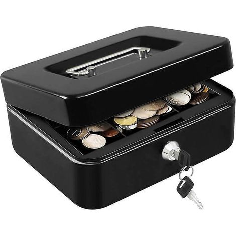 Coffre-fort verrouillable à clé, tirelire avec plateau à monnaie amovible, coffre-fort métallique portable avec poignée (1/5)