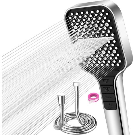 1 Pommeau de douche, 7 modes, économie d'eau, bouton arrêt, buses silicone, tuyau 1,5m, salle de bain
