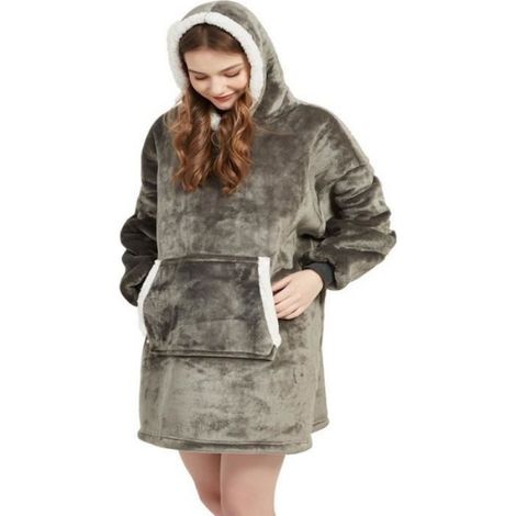 Wearable Robe Couverture Polaire en Peluche à Manches Flannel Hoodie Couverture Chaud Sweat à Capuche pour Adultes Gris Fonce (1/5)