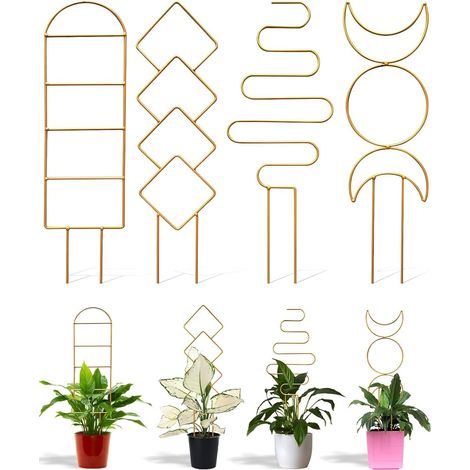 treillis métalliques de 48,3 cm (environ) de haut pour plantes d'intérieur, petits treillis pour plantes en pot, plantes grimpantes, lierre et fleurs de jardin, 4 motifs différents en fer doré