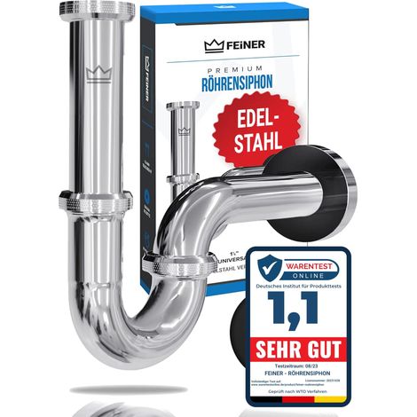 FEINER Siphon universel pour lavabo en acier inoxydable pré-monté – il suffit de visser la bonde de lavabo 1 1/4" chromé, réglable de 2 à 12 cm, joints + vidéo de montage (1/5)