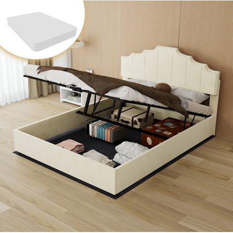 Lit coffre moderne en velours beige 140x200 cm avec tête de lit rembourrée, levage hydraulique et matelas inclus (1/5)
