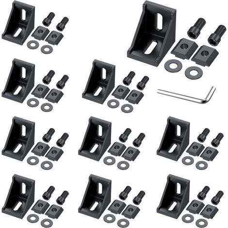 10 PCS D'angle En Alliage D'aluminium Noir, Équerres D'angle À 90 Degrés Pour Profilés 3030 3060, Avec Écrous En T, Vis, Rondelles Et Clé, Pour Le Montage De Structures Industrielles (1/5)
