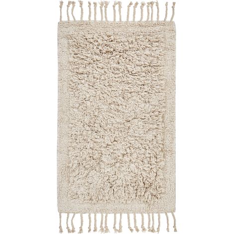 Alfombrilla de baño moderna de algodón forma rectangular 50 x 80 cm flecos accesorios de baño beige Oltan