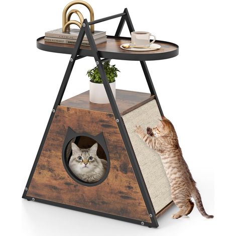 COSTWAY Mobile per Gatti, Tavolino Triangolare 2 in 1 con Condo Nascosto e Tappetini in Sisal, Comodino Moderno per Animali Domestici per Camera da Letto e Soggiorno in Legno e Metallo, 60 x 33 x 76cm (1/5)