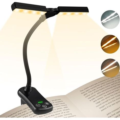 14 LEDs Lampe de Lecture Double Tête, Liseuse Lampe Clip USB Rechargeable, Lumière du Livre 360° Cou Flexible, 3 Couleur& Gradation Progressive, Jusqu’à 80H, Portable pour Lire et Voyager [Clas (1/4)