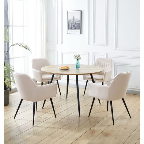 Hallowood Furniture Cullompton Large Round Dining Table and Chairs Set 4, Oak Effect Kitchen Table and Dining Chairs with Arm Support in Cream Fabric Upholstery, Café and Home Kitchen Furniture (1/5)