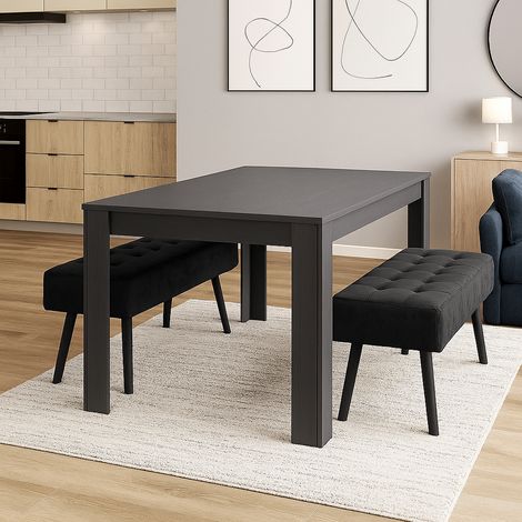 Modern Dark Grey Dining Table Set with 2 Black Velvet Benches Stylish ...