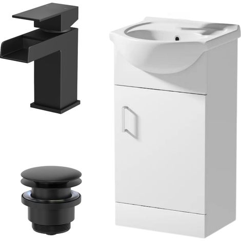 450mm White Gloss Bathroom Vanity Unit Freestanding Black Waterfall Tap & Waste (1/5)