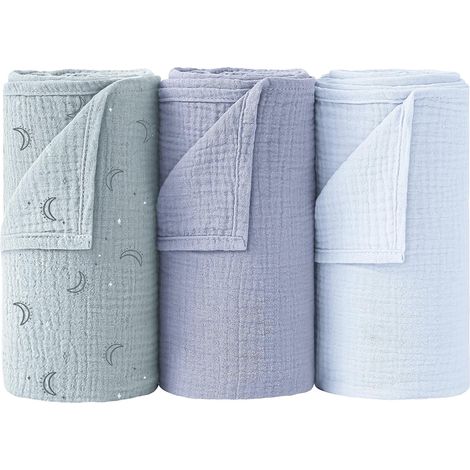 Manta para bebé, mantas de algodón para bebé, manta unisex de muselina de 96x106 cm para niñas y niños, paquete de 3 (luna azul) (1/5)