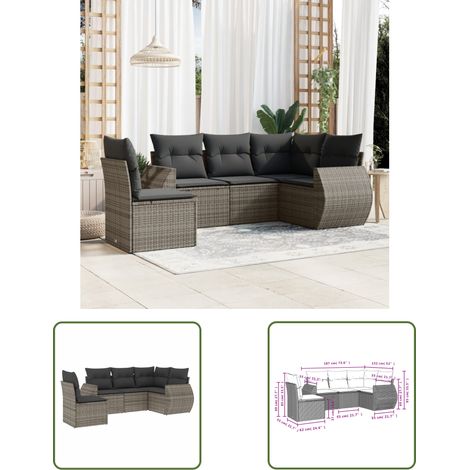 The Living Store Salon de jardin 5 pcs avec coussins gris résine tressée - Ensemble Salon De Jardin - Mobilier De Jardin - Canapé Extérieur - Fauteuil De Jardin - Table Basse Extérieure (1/3)