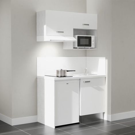 Kitchenette K02L-PT - 120 cm - plan stratifié, évier inox, - Façade Blanc - Plan Blanc - Crédences Oui + Electroménager inclus coloris Blanc