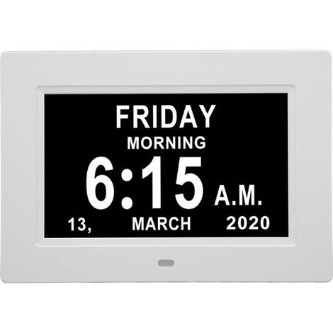 Horloge numérique de 7 pouces avec affichage du jour de la semaine, de la date et du mois complet, adaptée aux seniors, prenant en charge 8 langues, réglage automatique de la luminosité et prise améri (1/5)