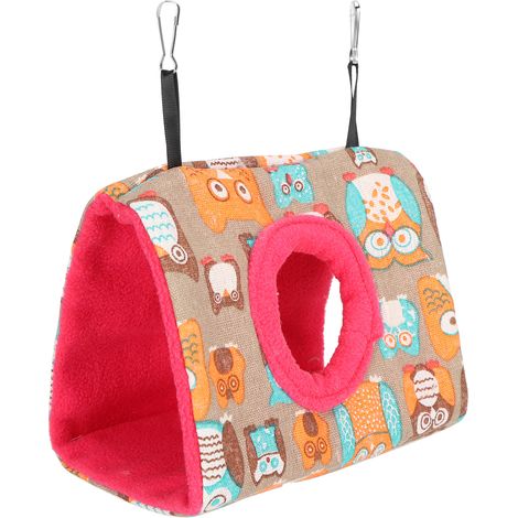 Hamac suspendu douillet en peluche pour perroquets, nid moelleux et confortable, idéal pour hamsters et écureuils. Motif hibou et fond rose rouge. (1/5)
