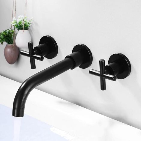 Retro black 3-hole wall-mounted mixer tap, rotating faucet for a modern and elegant bathroom (1/5)