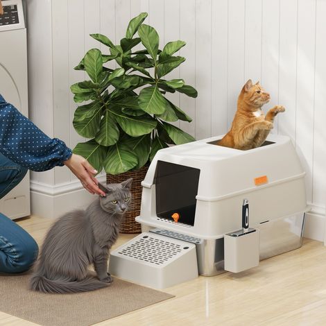 Bac à litière gris pour chat recouvert d’acier inoxydable avec marche de sortie et pelle en acier clair