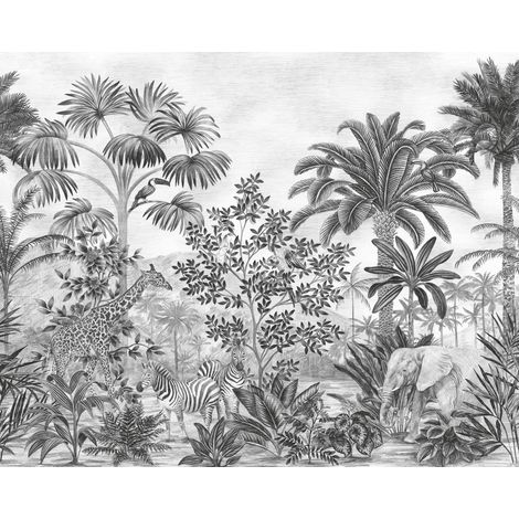 papier peint panoramique une jungle avec des animaux noir et blanc - Komar (1/3)