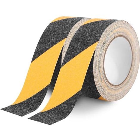 Bandes antidérapantes pour escaliers et sols - 2 rouleaux, 10 mètres x 50 mm par rouleau, ruban de sécurité auto-adhésif à rayures noires et jaunes. (1/5)