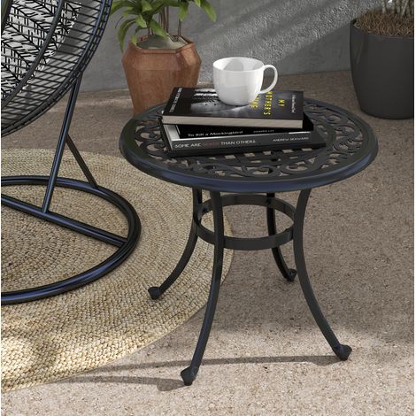 Mesa de jardín vintage (60x60x53 cm), patas regulables, estructura de aluminio, negra (1/5)